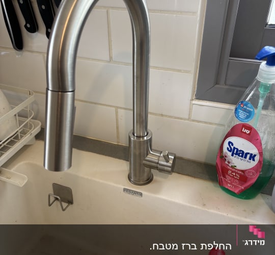 ברז נירוסטה בכיור מטבח עם חומרי ניקוי